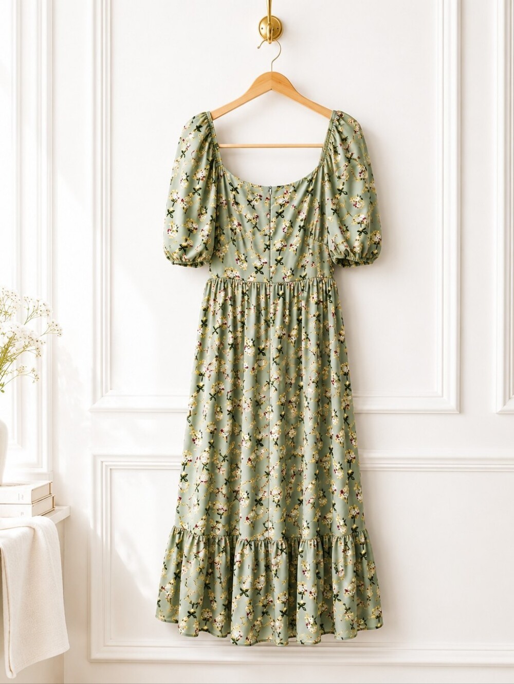 Floral Puff Sleeve Midi Dress Size Large | Cottagecore Romantic Sage Green | Aut - Picture 7 of 9
